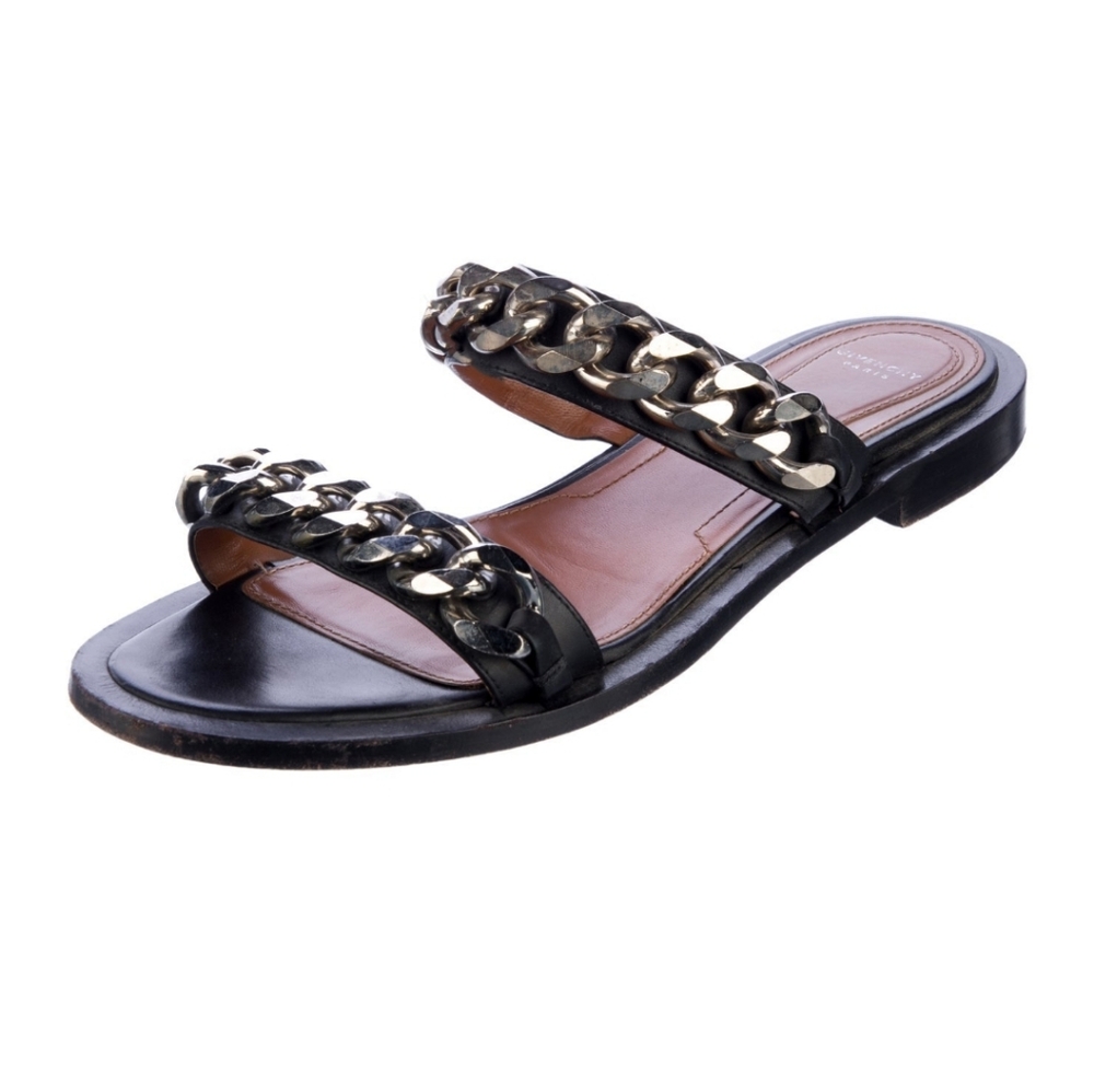 WOMEN'S AUTHENTIC GIVENCHY PARIS BLACK CHAIN LEATHER SLIDES SLIPPERS SHOES $650